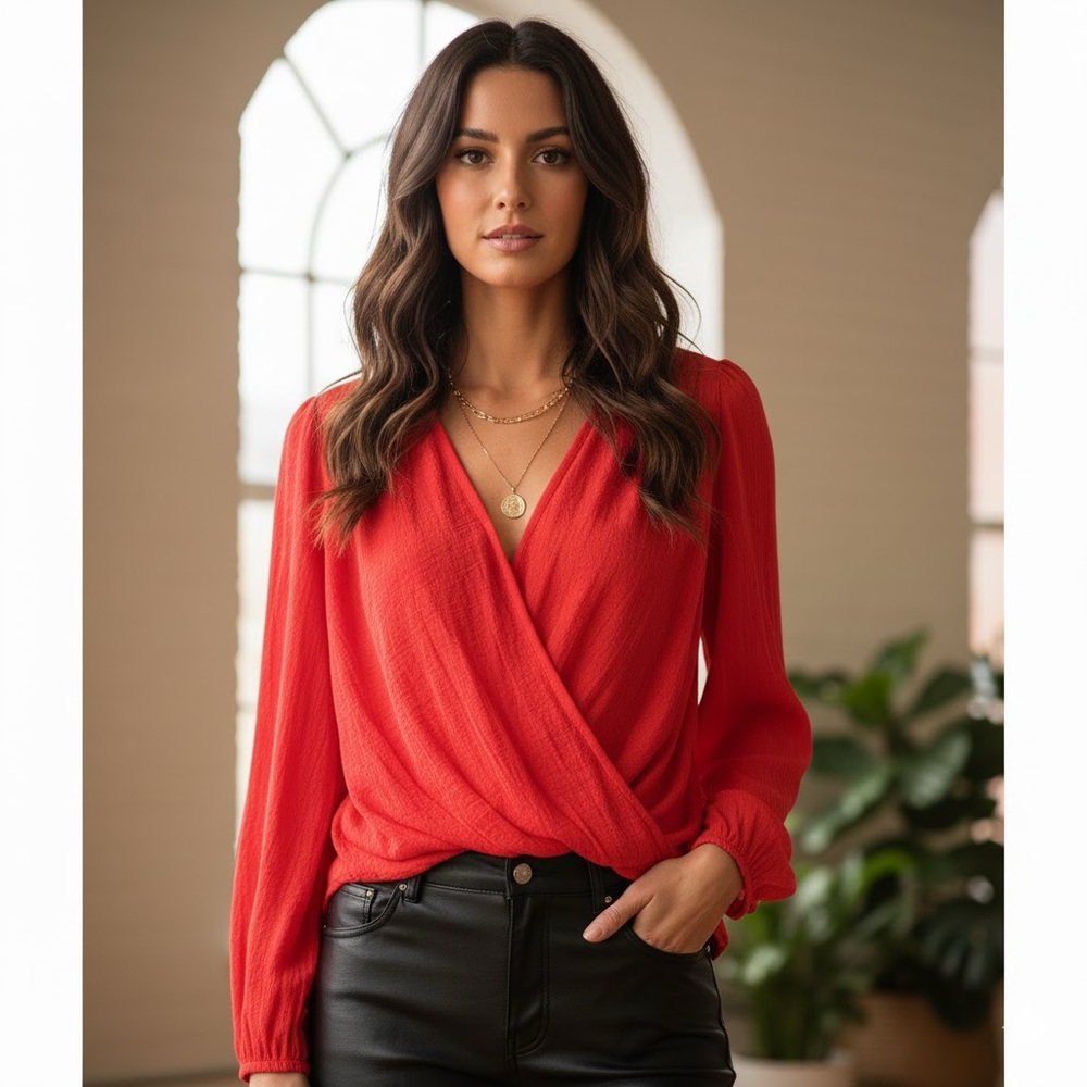 NEW FREE PEOPLE LADY LUCK RED ORANGE DRAPEY WRAP PLUNGE V-NECK BLOUSE SMALL HOT! - Picture 3 of 16